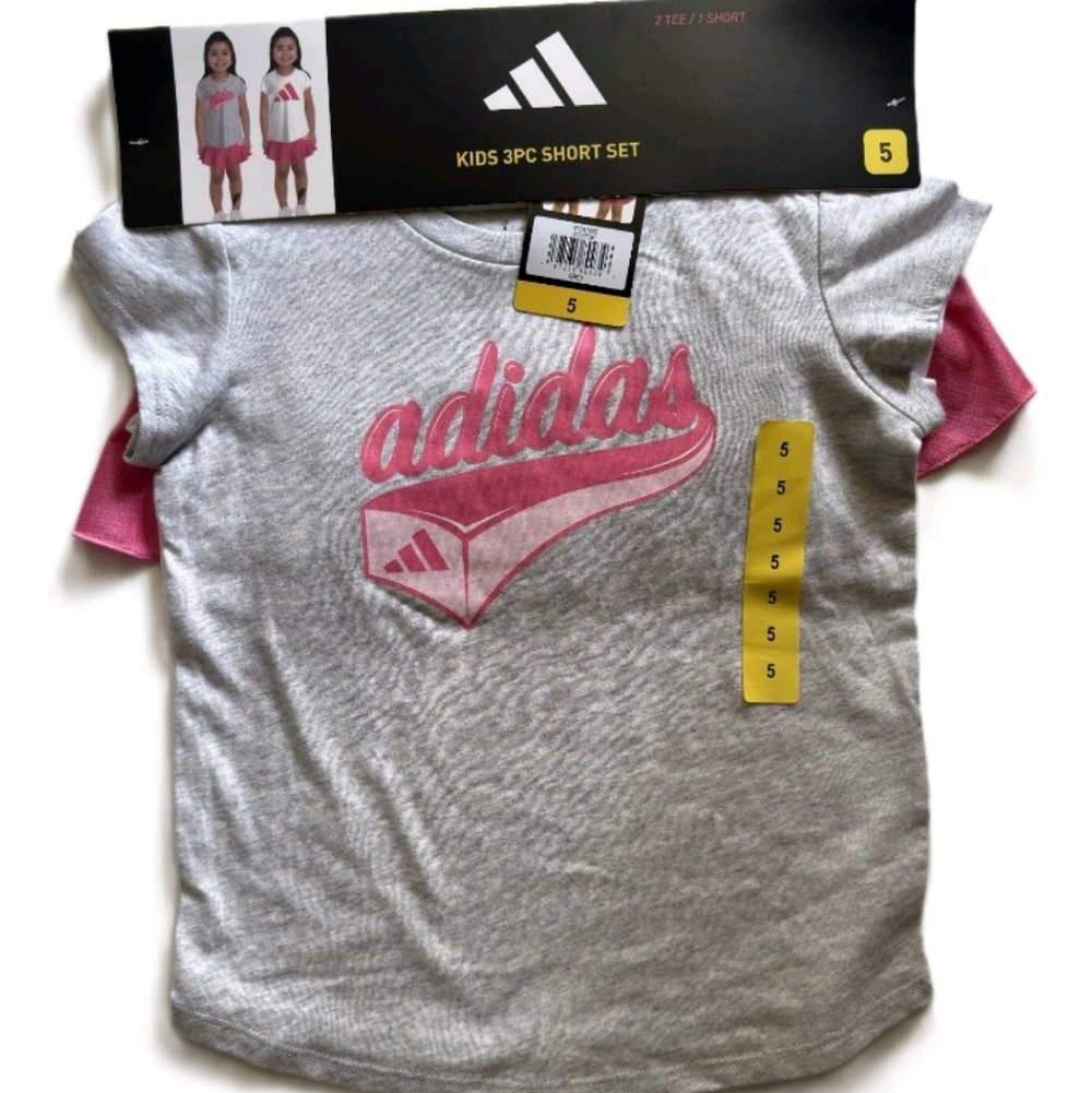Adidas Kids 3-Piece Short Set in Gray and Pink